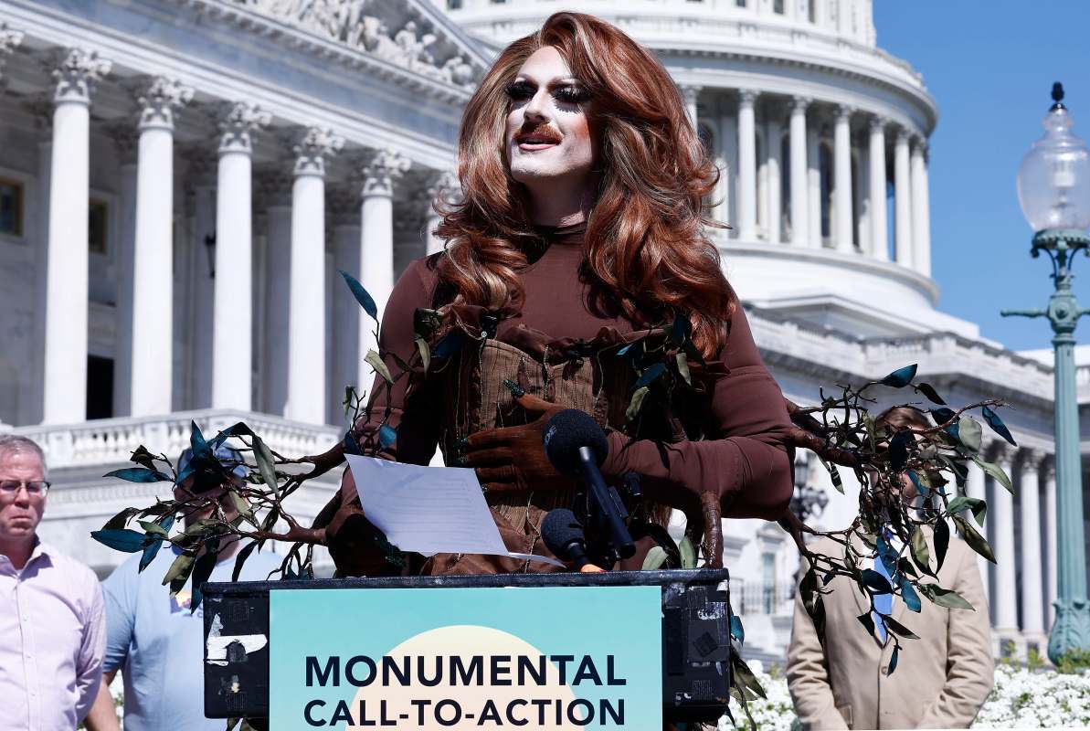 Drag performer and environmental activist Pattie Gonia speaks outside the U.S. Capitol.