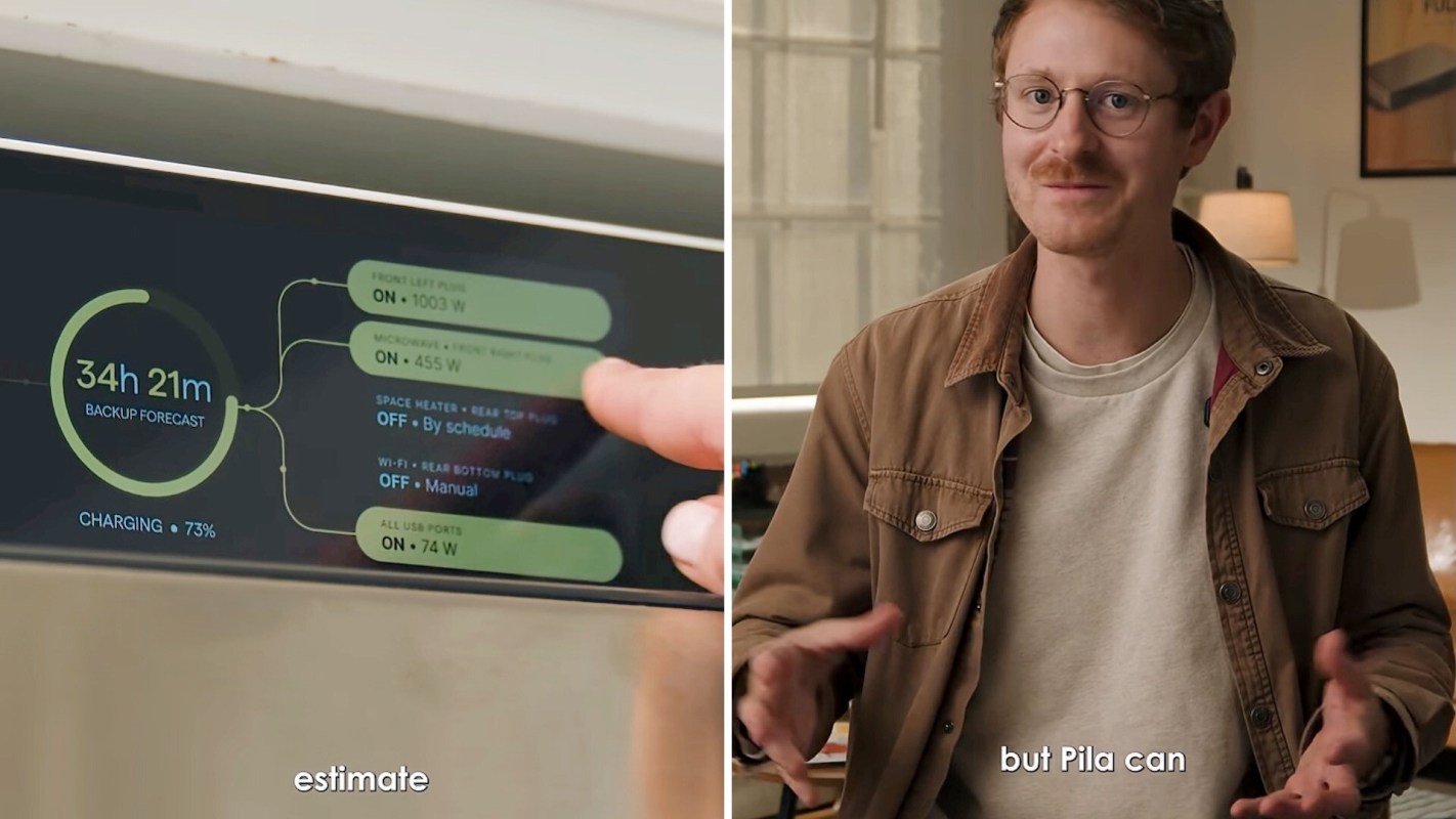 A man with glasses discusses energy usage while pointing at a digital display showing backup power and charging status.