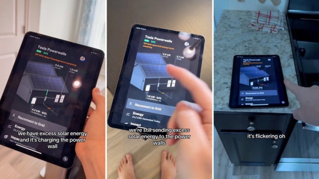 A person interacts with a tablet displaying Tesla Powerwall solar energy management data in three different settings.