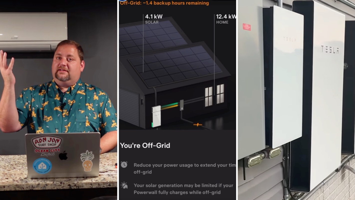 A man discusses solar energy and off-grid systems, with a digital display of solar panels and a Tesla powerwall.