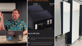 A man discusses solar energy and off-grid systems, with a digital display of solar panels and a Tesla powerwall.