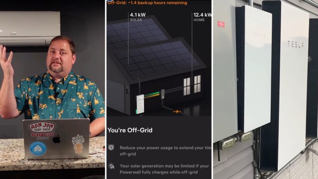 A man discusses solar energy and off-grid systems, with a digital display of solar panels and a Tesla powerwall.