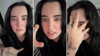 A person with long black hair and tattoos expresses strong emotions in a three-panel montage.