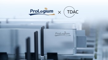 A close-up of battery components featuring the ProLogium and TDAC logos amidst a blurred industrial background.