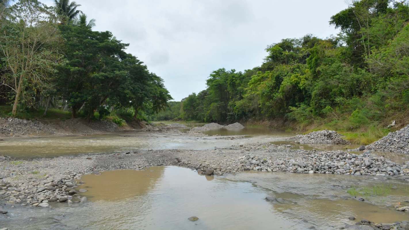 A river filled with small rocks and surrounded by trees.