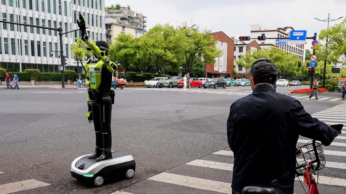 A robotic traffic officer signals at a busy intersection while a man on a bicycle watches from the sidewalk.