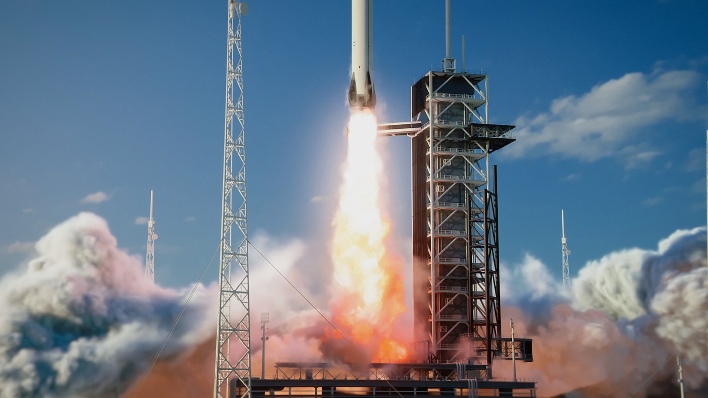 A rocket launching into a clear blue sky, leaving behind a trail of flames and smoke.