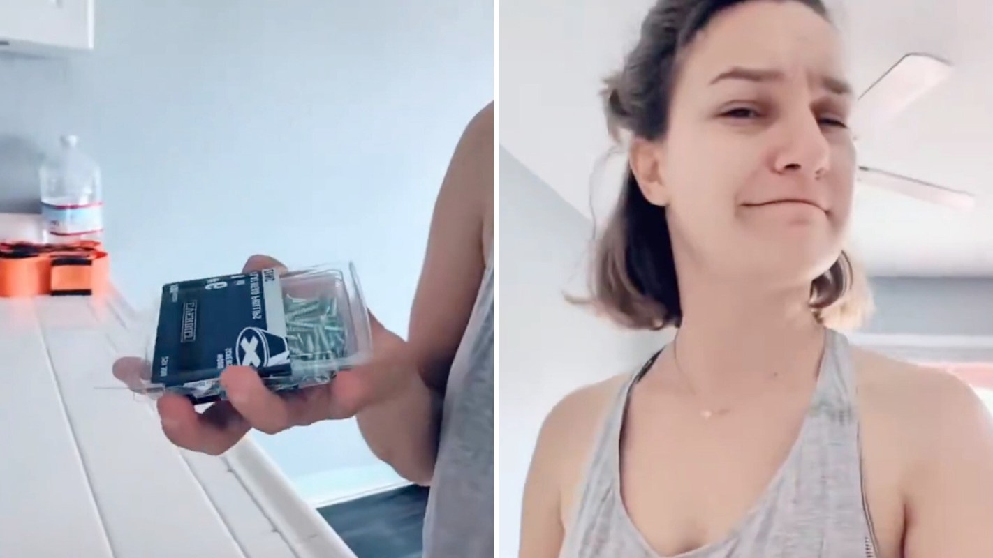 A woman holds a box of screws in one frame and expresses indignation in other frame.