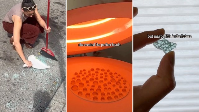 A woman sweeps up glass shards, while other images show colorful beads and a unique transparent material.