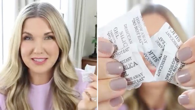 A smiling woman holds several silica gel packets, labeled "DO NOT EAT," in front of a bright background.