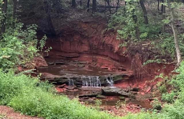 A small waterfall cascading over rocks surrounded by lush greenery and red clay banks in a wooded area.