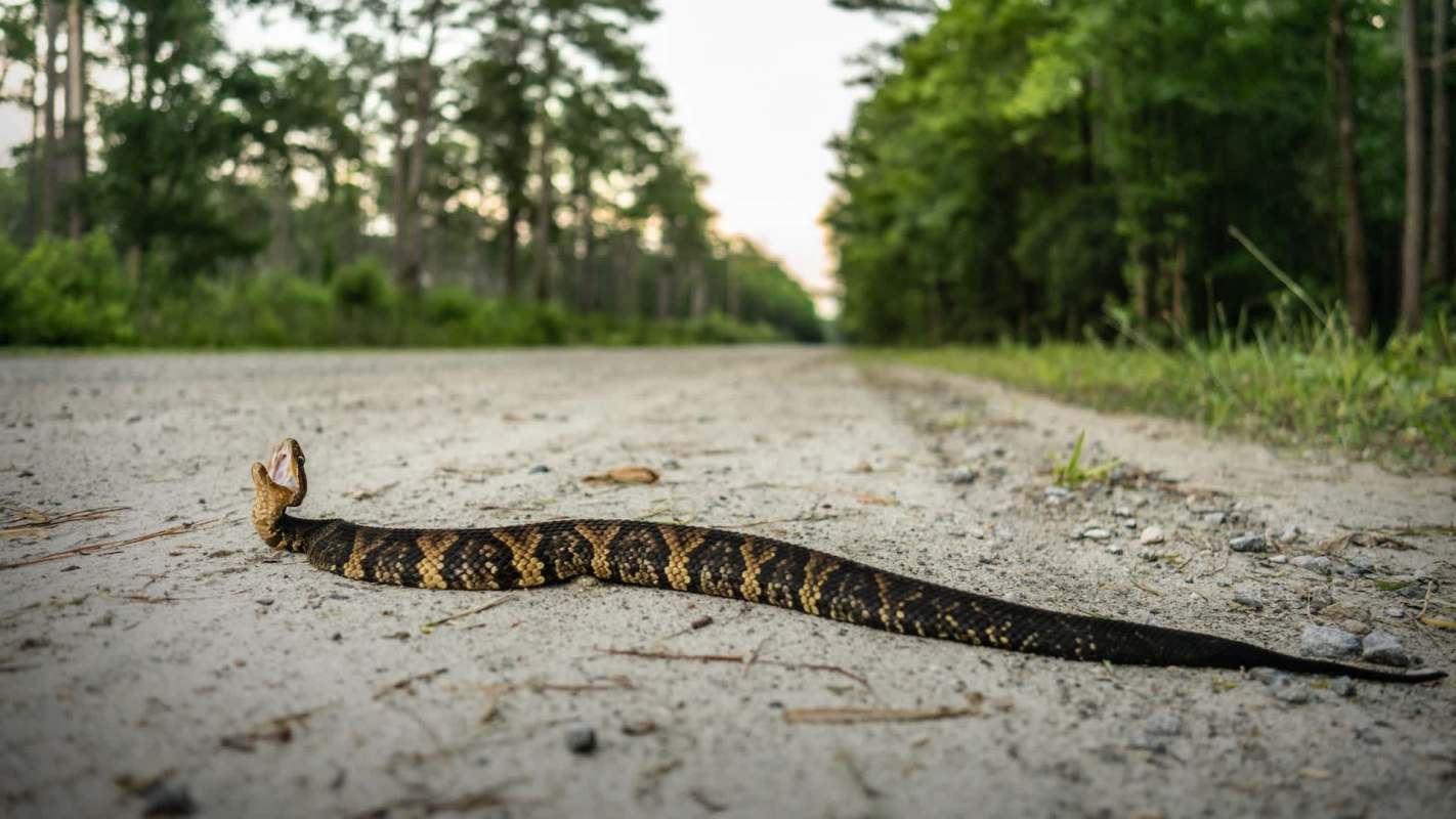 A northern cottonmouth snake with a raised head rests on a dirt road, surrounded by trees and greenery.