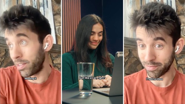 A split-screen image featuring a man speaking animatedly and a woman smiling at her laptop, with a glass of water on the table.