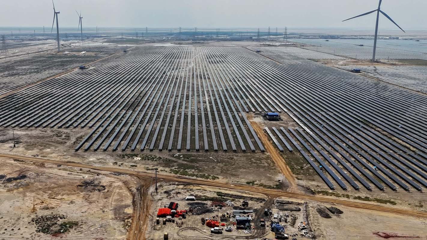 A massive solar farm in a desert.