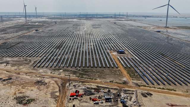 A massive solar farm in a desert.
