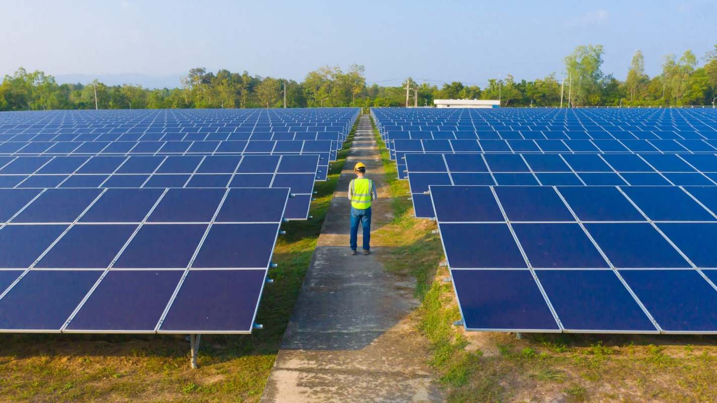 A person in a safety vest stands among rows of solar panels under a clear blue sky.