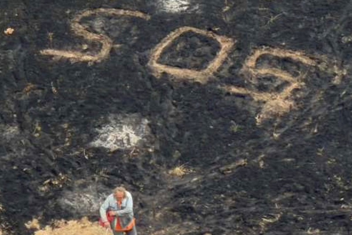 A person stands on blackened ground, with "SOS" written in large letters nearby.