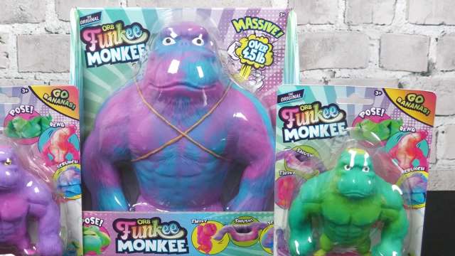 A colorful display of two Funkee Monkee toys, one large purple and blue, and one small green, in packaging.