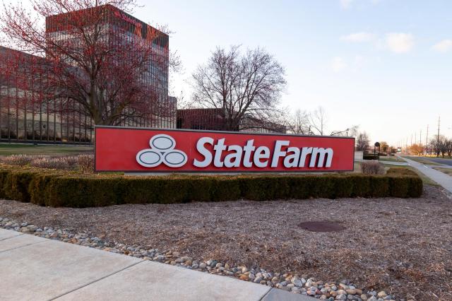 The State Farm logo in front of a building.