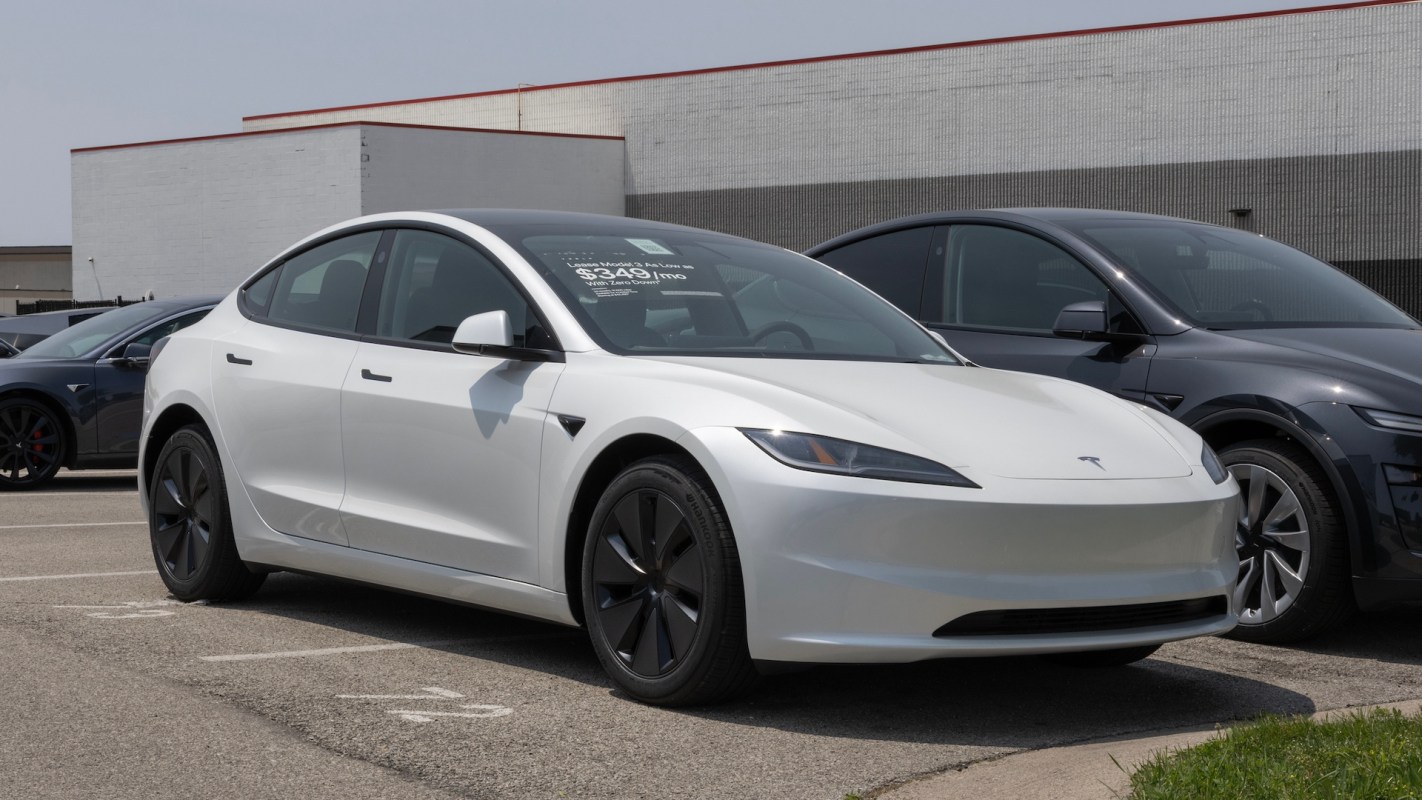 A white Tesla sedan parked in a lot with a gray Tesla SUV in the background.