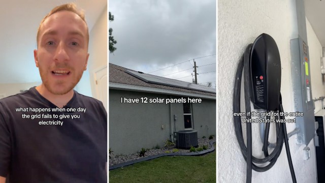 A person discusses solar panels at their home, showing a cloudy sky and an electric vehicle charging station.