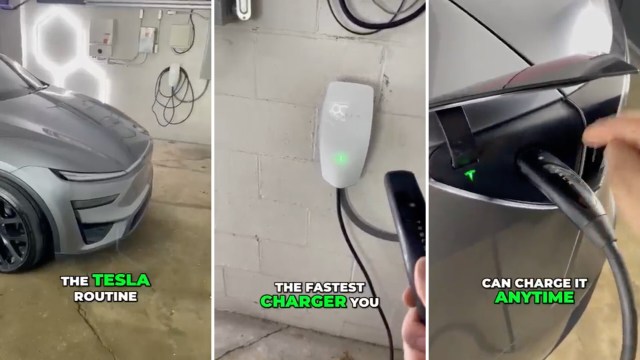 A gray Tesla electric vehicle being charged at a wall-mounted charger in a garage.