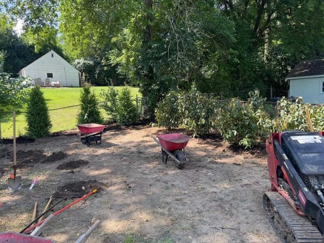 A cleared garden area with a wheelbarrow, garden tools, and potted plants arranged along a marked path.