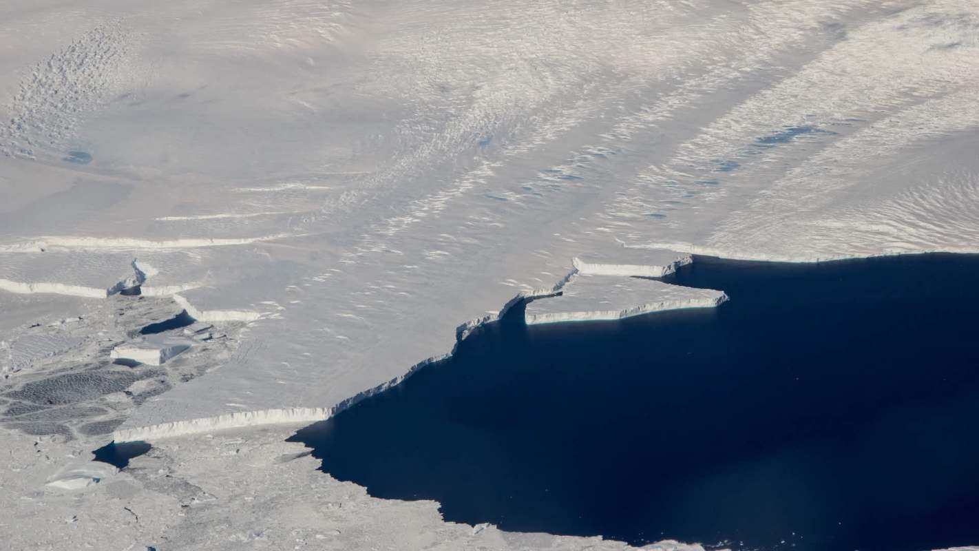 Aerial view of icebergs and icy terrain meeting deep blue water in a glacial landscape.
