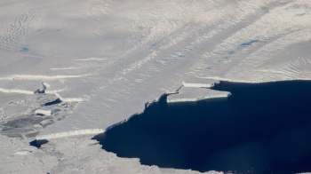 Aerial view of icebergs and icy terrain meeting deep blue water in a glacial landscape.