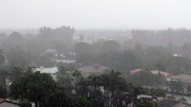 A heavy rainstorm blurs a view of suburban houses and tropical greenery.