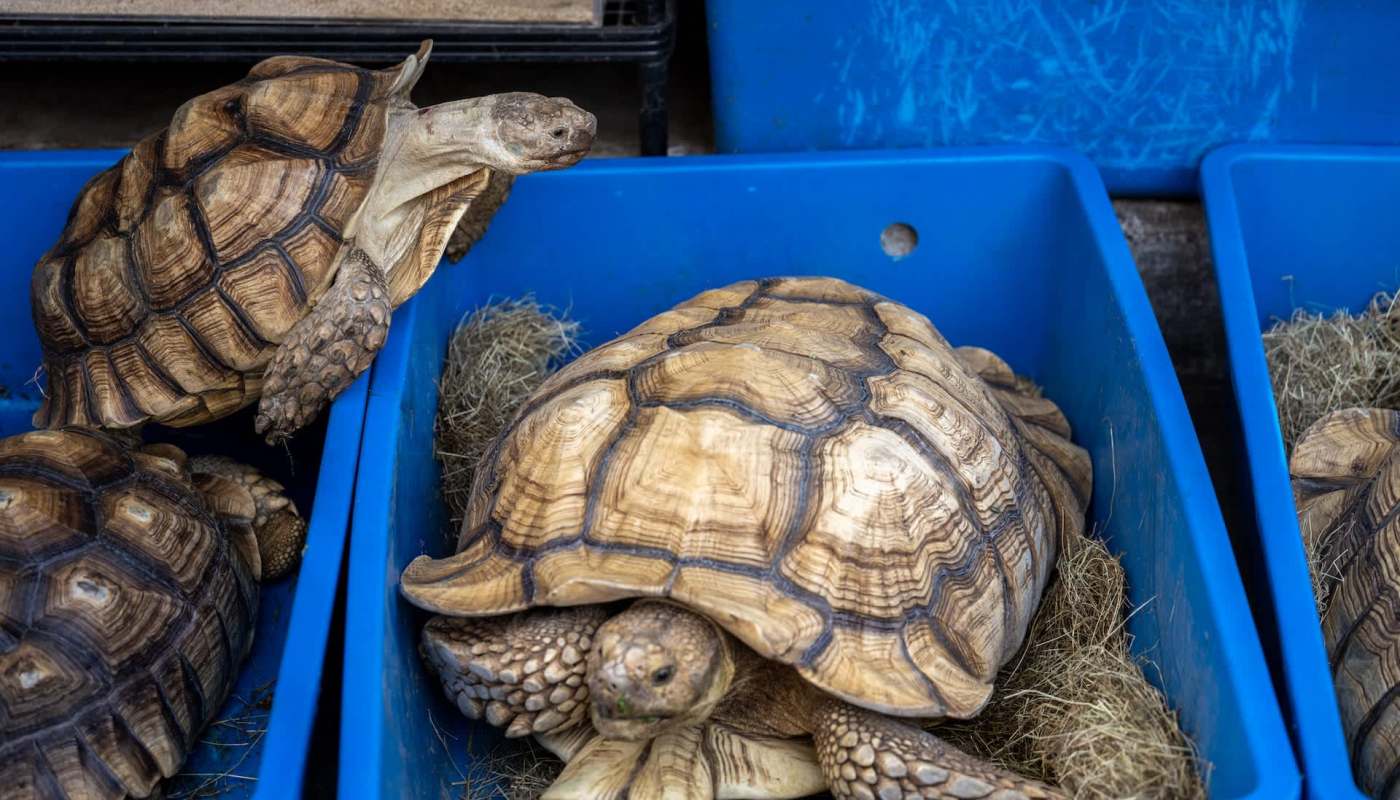 Two tortoises resting in blue plastic bins filled with hay. One is climbing over the edge.