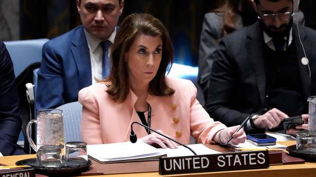 US deputy ambassador Tammy Bruce sits at a conference table at the United Nations.