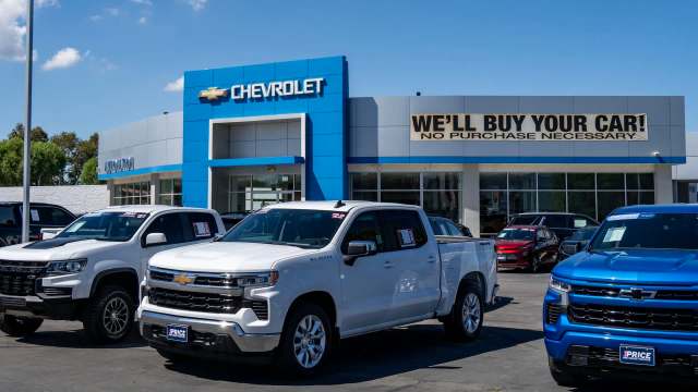 A Chevrolet dealership displaying several trucks for sale, with a promotional sign saying "We’ll buy your car!"