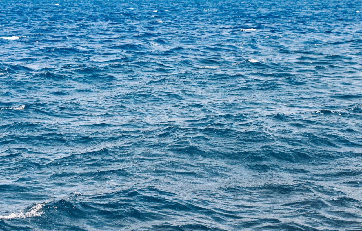 A serene view of calm, clear water reflecting sunlight, with distant hills on the horizon.