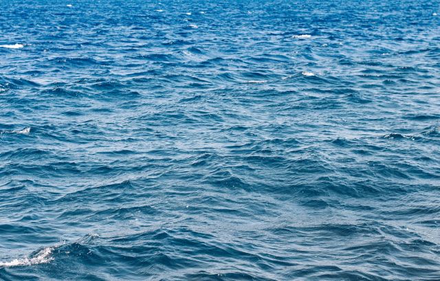 A serene view of calm, clear water reflecting sunlight, with distant hills on the horizon.