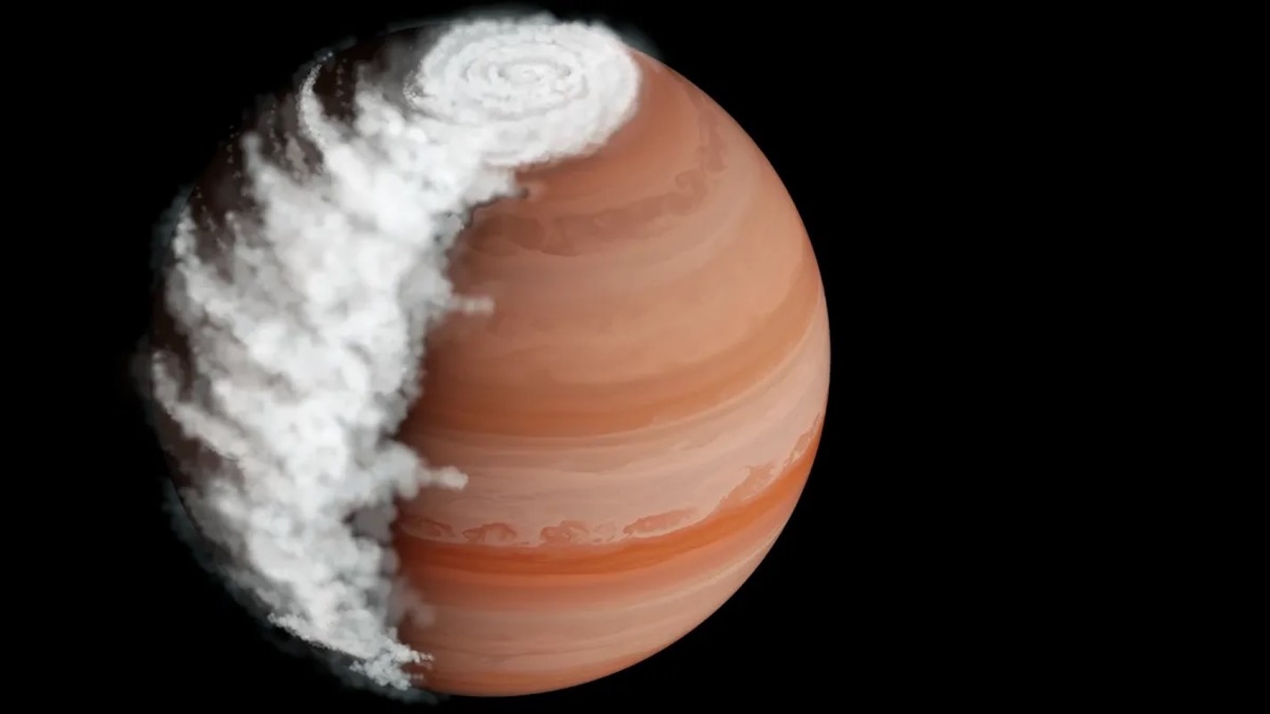 An illustration of a planet showing swirling clouds and orange and brown banding.