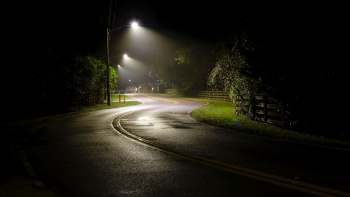 A winding road with street lamps and fogs.