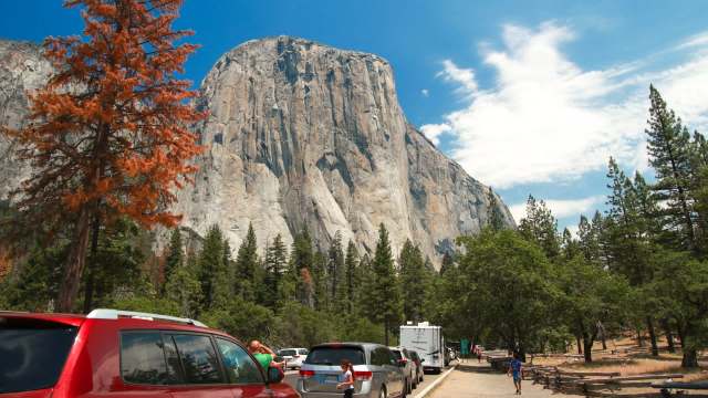 A crowded parking lot with trees and a towering granite cliff under a bright blue sky.