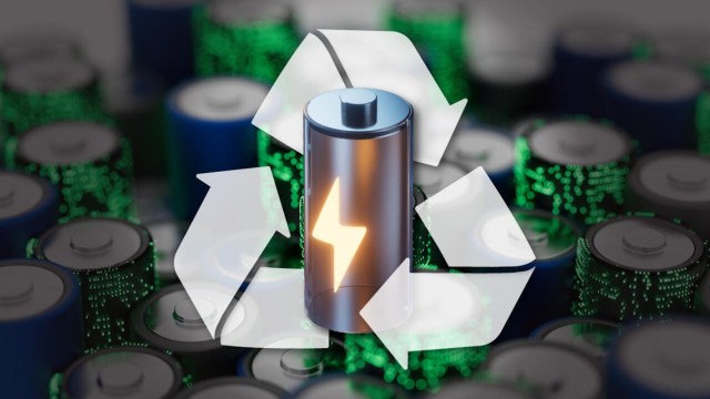 A graphic depicting a battery surrounded by recycling arrows, representing battery recycling and sustainability.