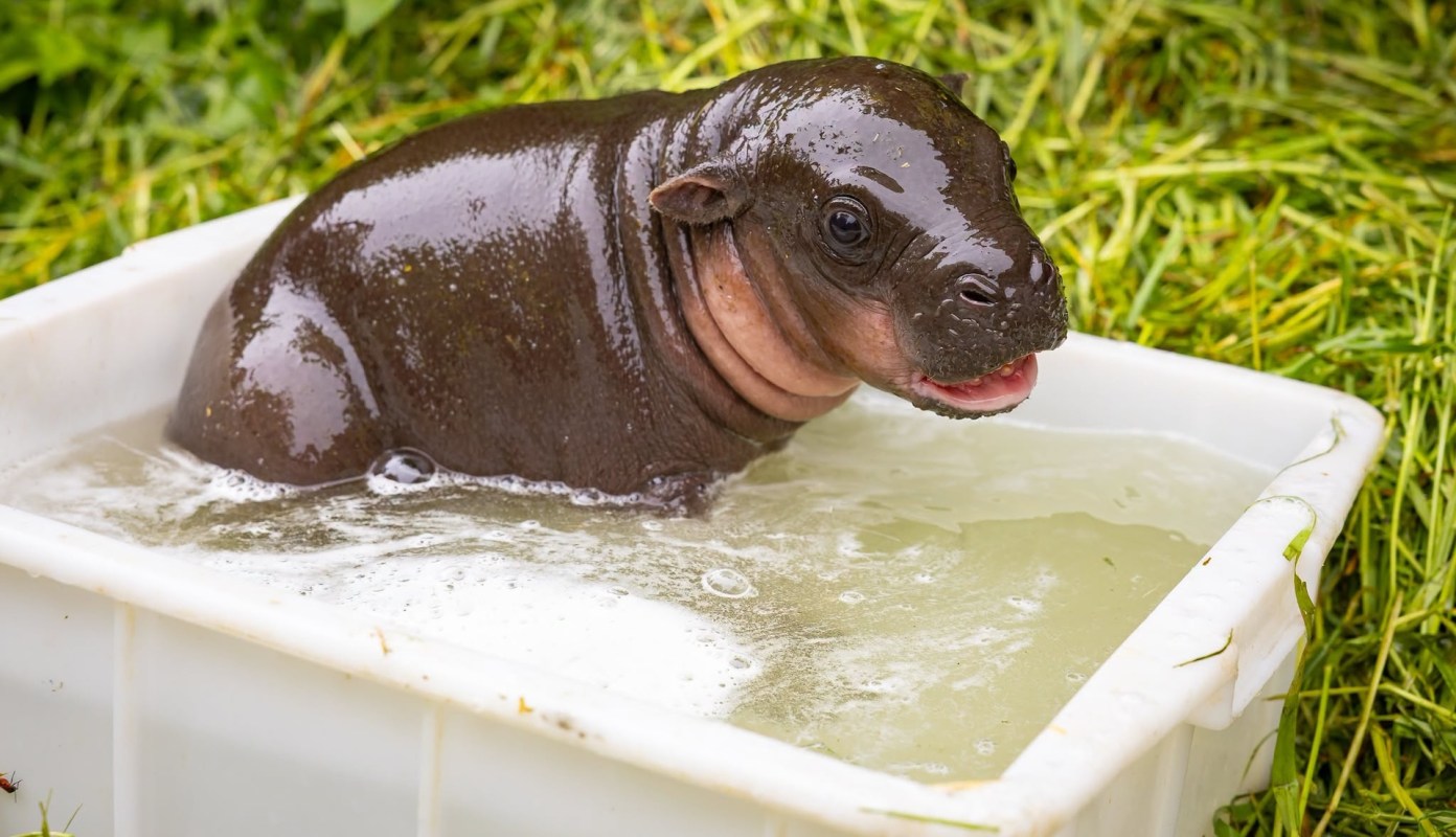 A young hippopotamus playfully splashing in a small tub of water surrounded by grass.