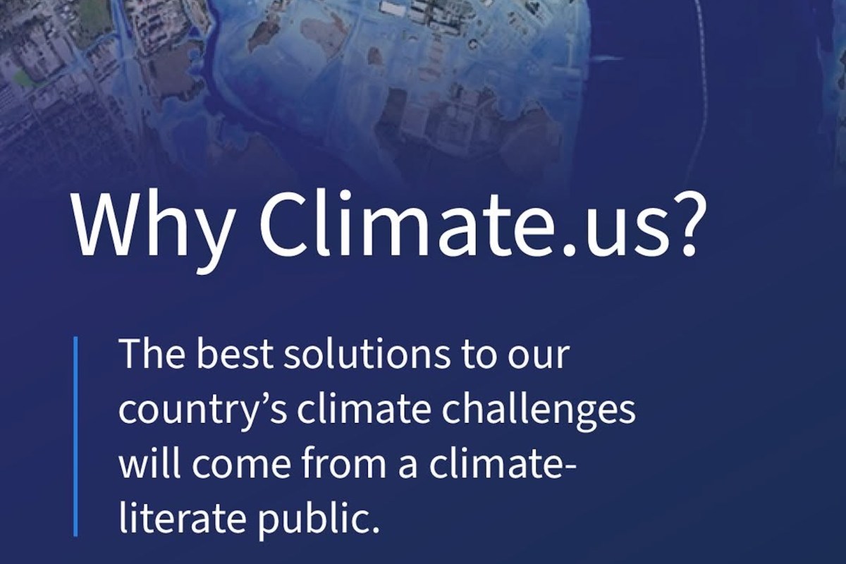 "Why Climate.us?" appears on a blue background discussing the importance of a climate-literate public.