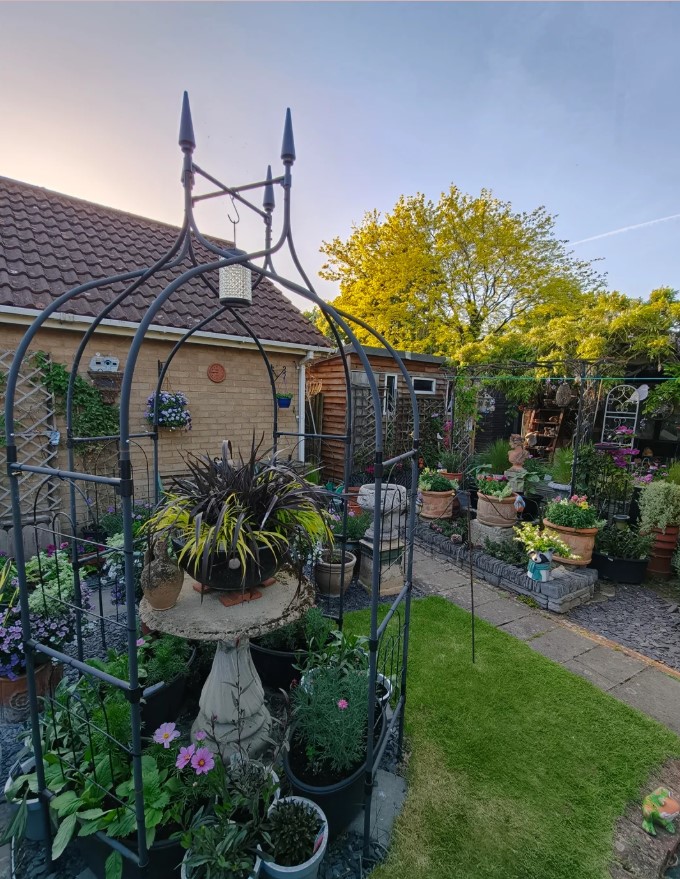 A stone table in the center of an iron gazebo, surrounded by potted plants and flowers. 