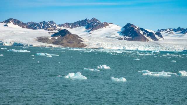 A serene view of icy waters with scattered icebergs and snow-capped mountains in the background.