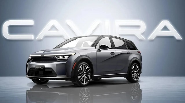 A modern gray SUV with sleek design and stylish wheels, displayed against a "CAVIRA" backdrop.