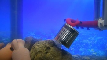 A robotic arm with a red grip lifts a metal can above a rocky ocean floor.