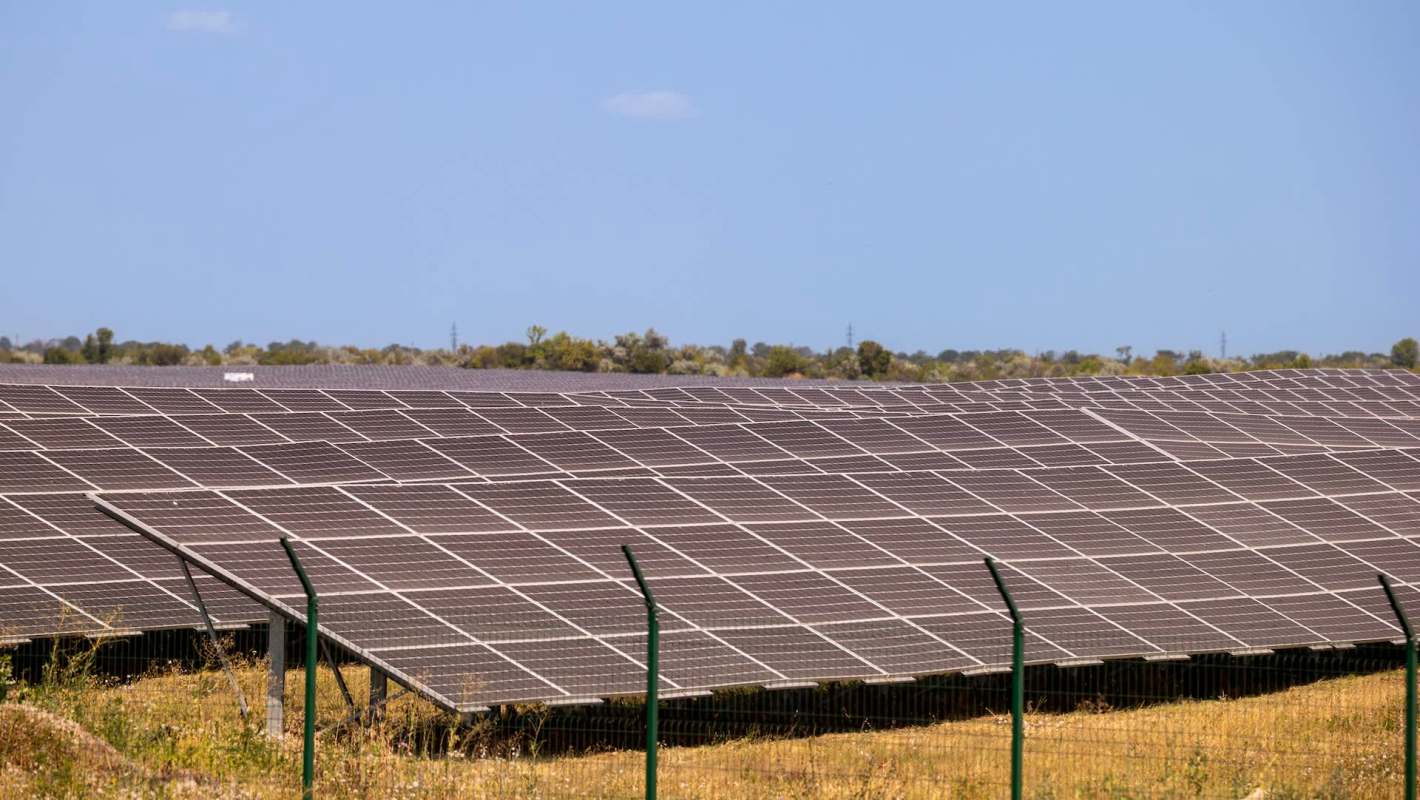 A large solar panel array stretches across a grassy landscape under a clear blue sky.