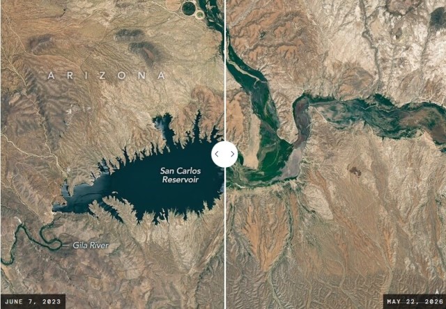 An aerial view of San Carlos Reservoir and the Gila River in Arizona, showcasing diverse terrain and water bodies.