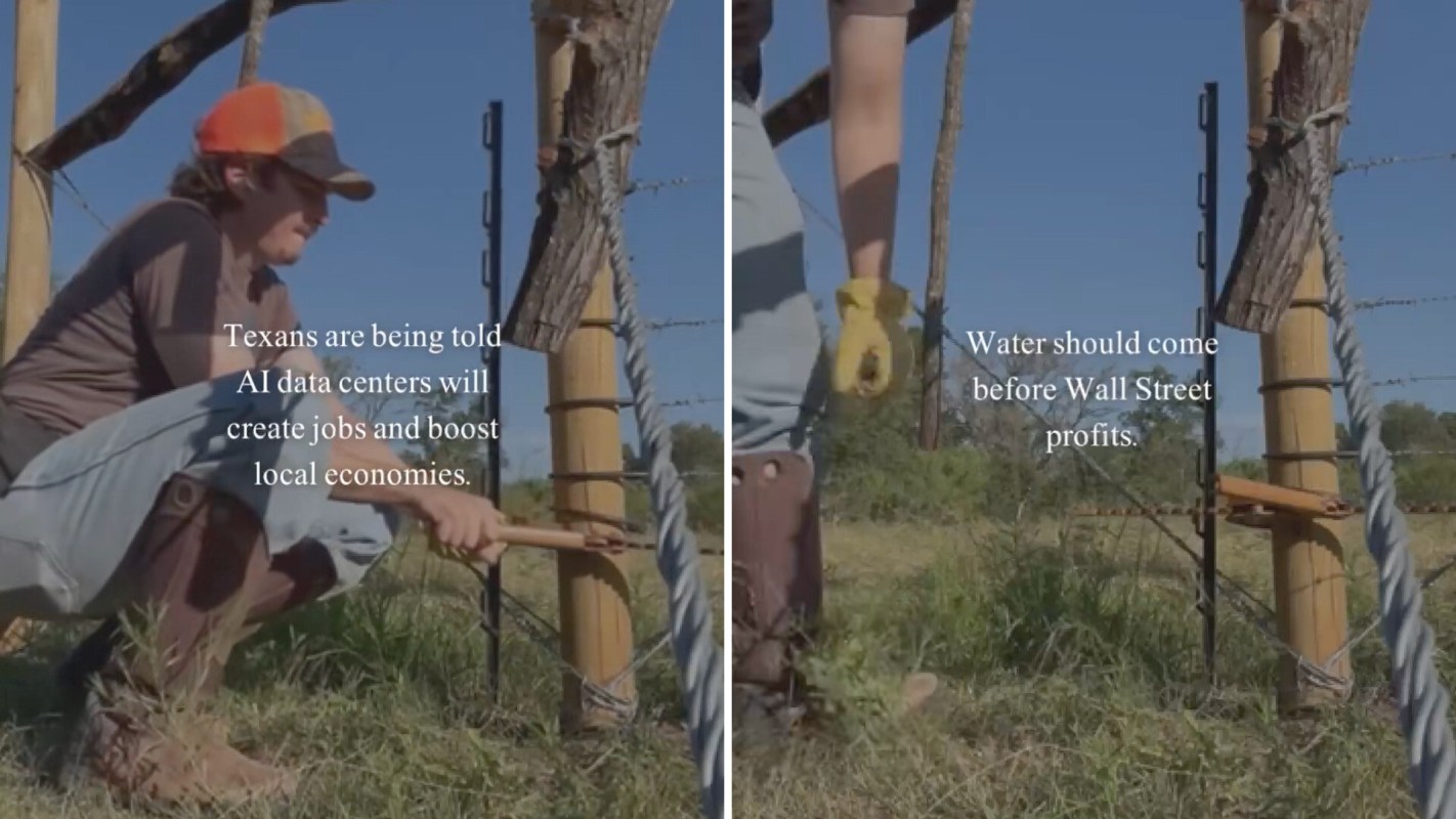 A person crouches near a fence while text discusses local economic concerns regarding AI data centers and water.