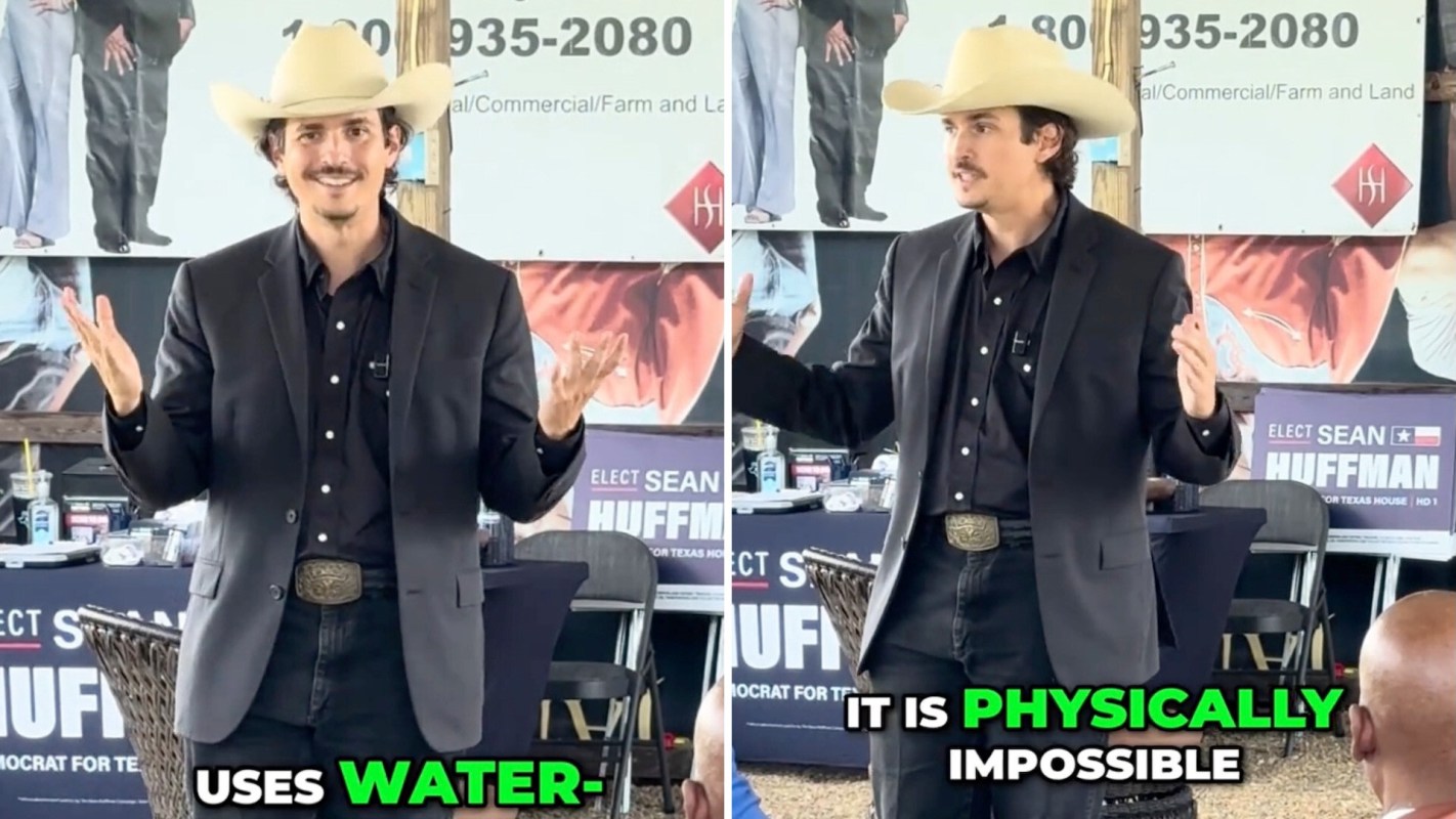 A man in a cowboy hat gestures while speaking in front of campaign signs and a crowd.