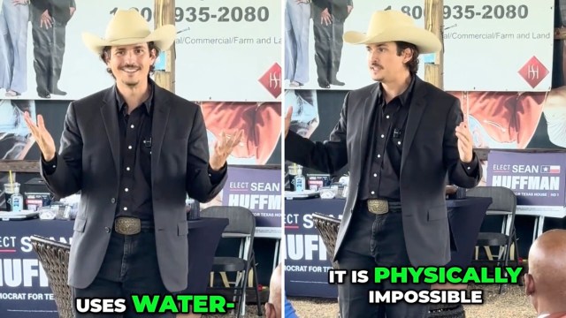 A man in a cowboy hat gestures while speaking in front of campaign signs and a crowd.